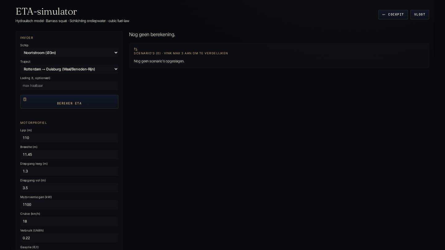 Screenshot ETA-simulator met motorprofielen