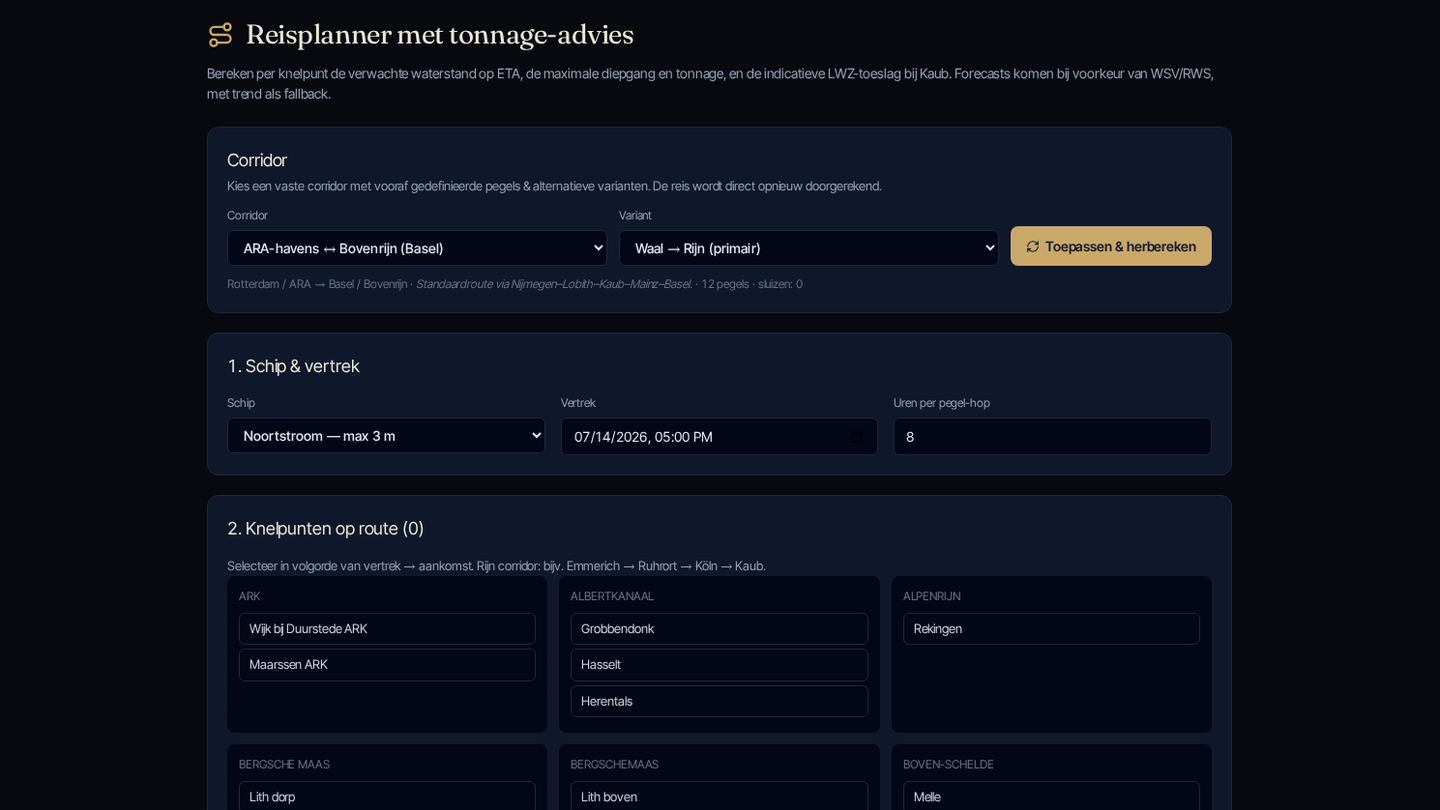 Screenshot Reisplanner met tonnage- en diepgang-advies