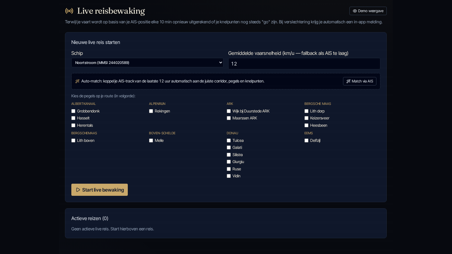 Screenshot Live reisbewaking met AIS-koppeling